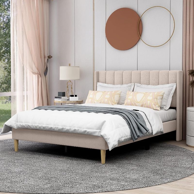 Photo 1 of AGARTT Upholstered Platform Bed Frame Full Size with Headboard and Footboard/Wooden Slats Support/No Box Spring Needed/Easy Assembly,Beige Linen
