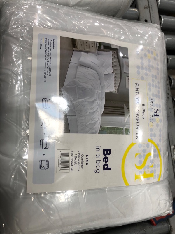 Photo 2 of King Size Comforter Set 8 Piece Bed in a Bag with Bed Skirt, Fitted Sheet, Flat Sheet, 2 Pillowcases, 2 Pillow Shams, King, Pintuck White King Pintuck White