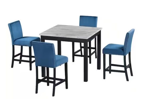 Photo 1 of 
5-Piece Square Faux Marble Wood Tabletop Counter Height Dining Table Set with 4 Upholstered Chairs in Blue (Seats 4)