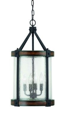 Photo 1 of 12 Inch 4 Light Distressed Black-Faux Aged Wood Foyer Pendant With Clear Seedy Glass