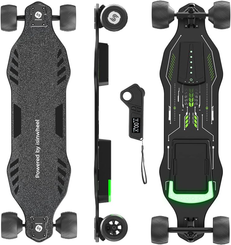 Photo 1 of ***SEE NOTES***isinwheel V8 Electric Skateboard with Remote, 1200W Brushless Motor, 30 Mph Top Speed & 12 Miles Range, Replaceable Battery, Electric Longboard for Adults ?Teens with Green Ambient Light

