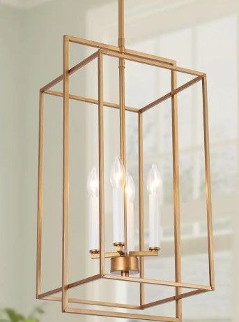 Photo 1 of 4-light Vintage Brushed Gold Modern Candlestick Chandelier Transitional Island Chandelier with Geometric Cage Pendant
