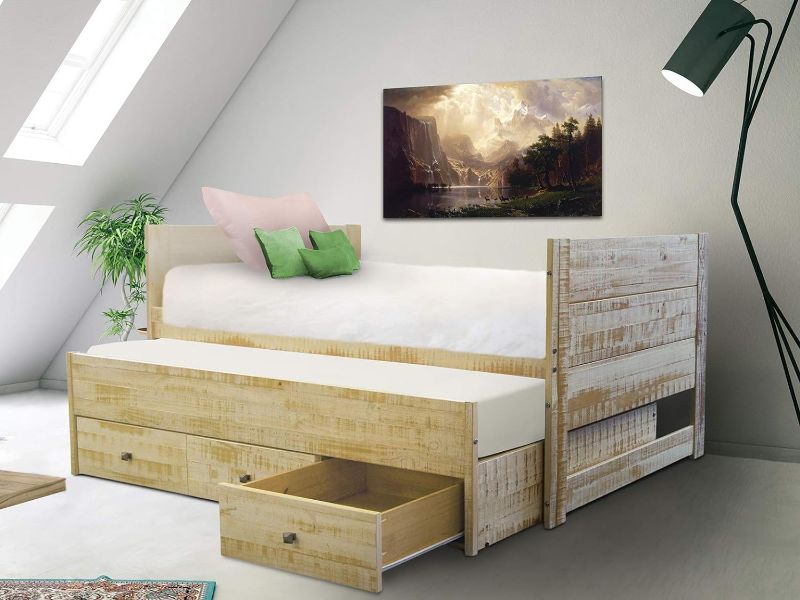Photo 1 of **BOX 1 OF 2 ONLY**Bedz King All in One Twin Bed with Twin Trundle and 3 Built in Drawers, Weathered Honey
