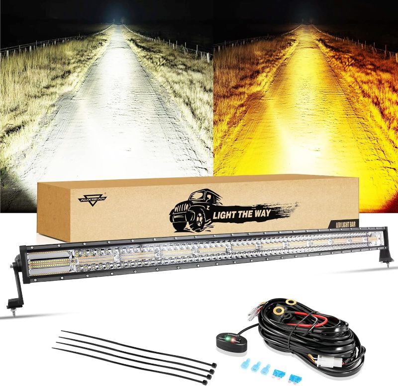 Photo 1 of Auxbeam 50 inch 288W Curved LED Amber Light Bar 6 Modes Strobe Light Amber White Dual Color Flashing Fog Light Offroad Auxiliary Light w/ 10FT Wiring Harness Kit
