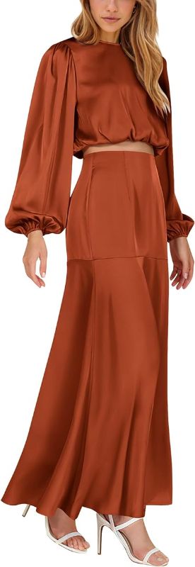 Photo 1 of BTFBM Women's 2023 Fall Two Piece Outfits Satin Crew Neck Long Sleeve Crop Top and Flowy Maxi Skirt Set 2xl