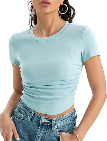 Photo 1 of Crop Top for Women Casual Ruched Crewneck Short Sleeve Ribbed Summer Solid Slim Fit Y2K T Shirt xl