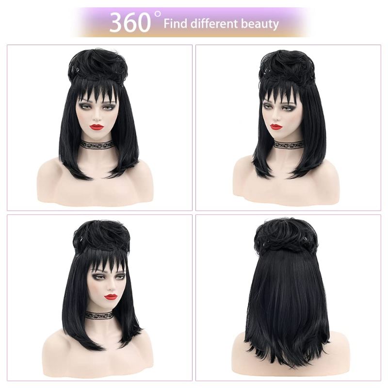 Photo 1 of MUPUL Lydia Deetz Cosplay Costume Party Wig Bride Fluffy Buns curly Women's Black Medium Long straight Beetle Wig with bangs Halloween Costume Accessories
