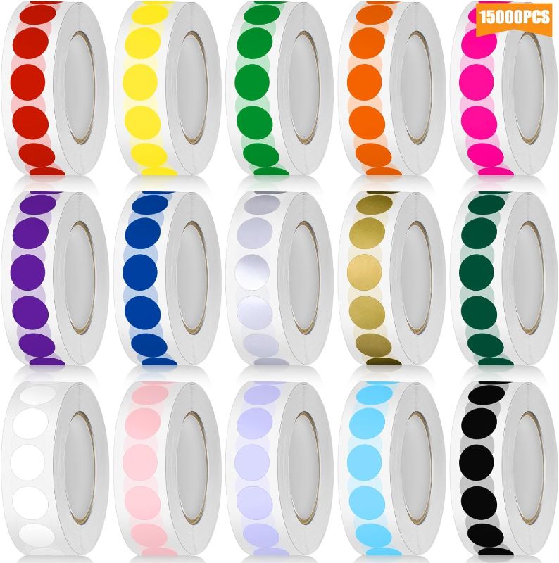 Photo 1 of Honoson 15000 Pcs 1/2 Inch Multicolor Circle Dot Stickers Round Labels Coding Dot Stickers Colored Circle Stickers Price Tags Stickers, 15 Rolls, 15 Bright Colors, 1000 Labels/Roll
