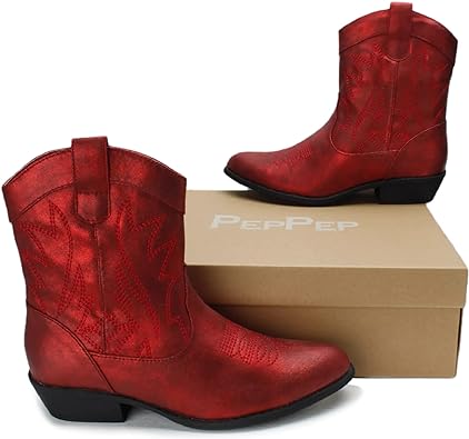 Photo 1 of 

PEPPEP Western Cowgirl Cowboy Ankle Boots for Women or Ladies, Mid Calf, Vegan Leather Embroidered Upper, Low Heel, Fashionable Pointed-toe, Well Made 8 
