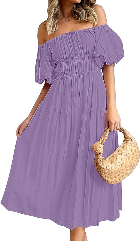 Photo 1 of MEROKEETY Women's Puff Sleeve Off Shoulder Summer Midi Dress Ruffle A Line Flowy Dress with Pockets
 medium purple 