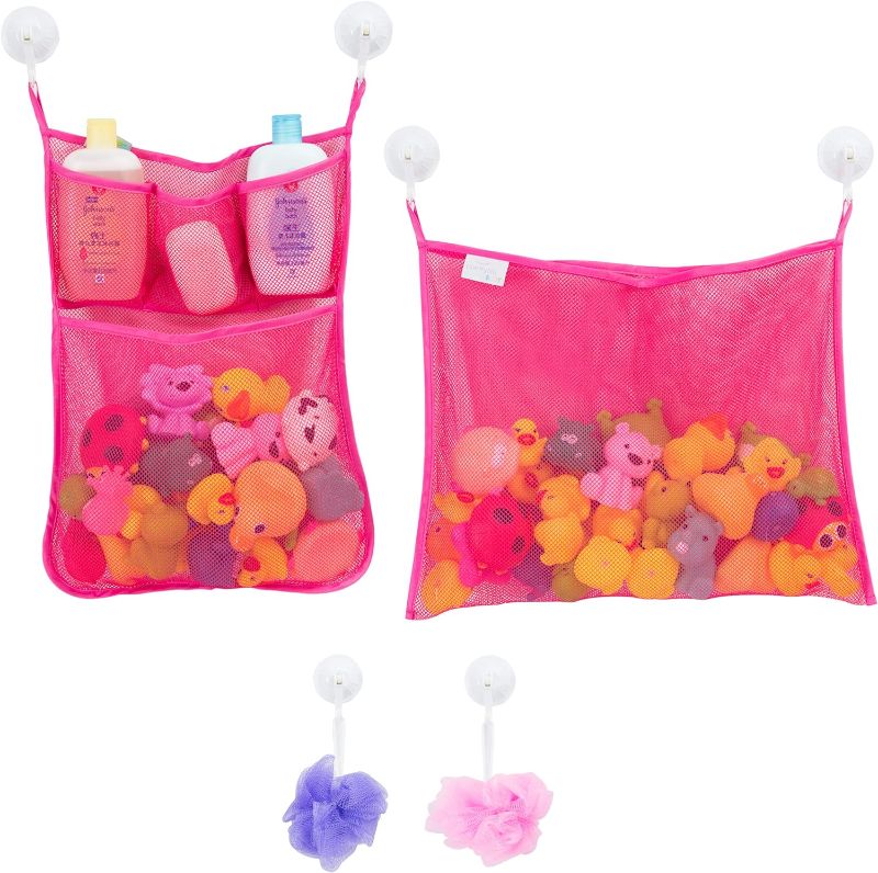 Photo 1 of 2 x Cute Mesh Bag Toy Organizer/Shower Caddy with 8 hooks for Toddler/Baby/Kid Bath Toys and for Multi-use Bedroom/Playroom/Nursery/Daycare Organization (Pink & Pink)