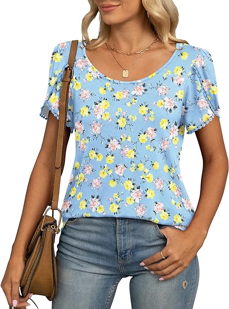 Photo 1 of LILBETTER Women's Summer Casual Tunic Tops Petal Short Sleeve Loose Blouse T-Shirts