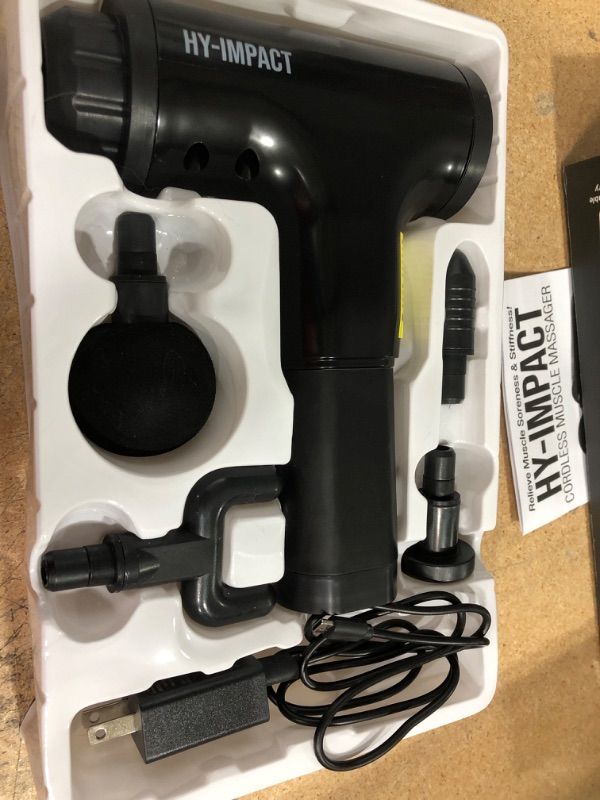 Photo 2 of * powers on * unable to test further *
HY IMPACT Cordless Muscle Massager – Professional Massage Gun with Four Interchangeable Massaging Heads