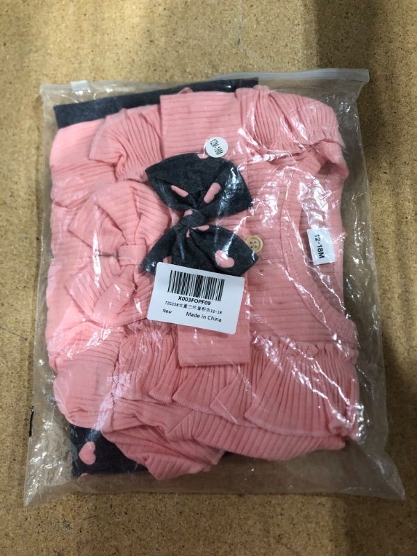 Photo 2 of Xavaria Newborn Baby Girl Clothes Infant Outfits Set 3 Pieces Ruffle Ribbled Long Sleeve Top + Pant + Headband 12-18M Pink