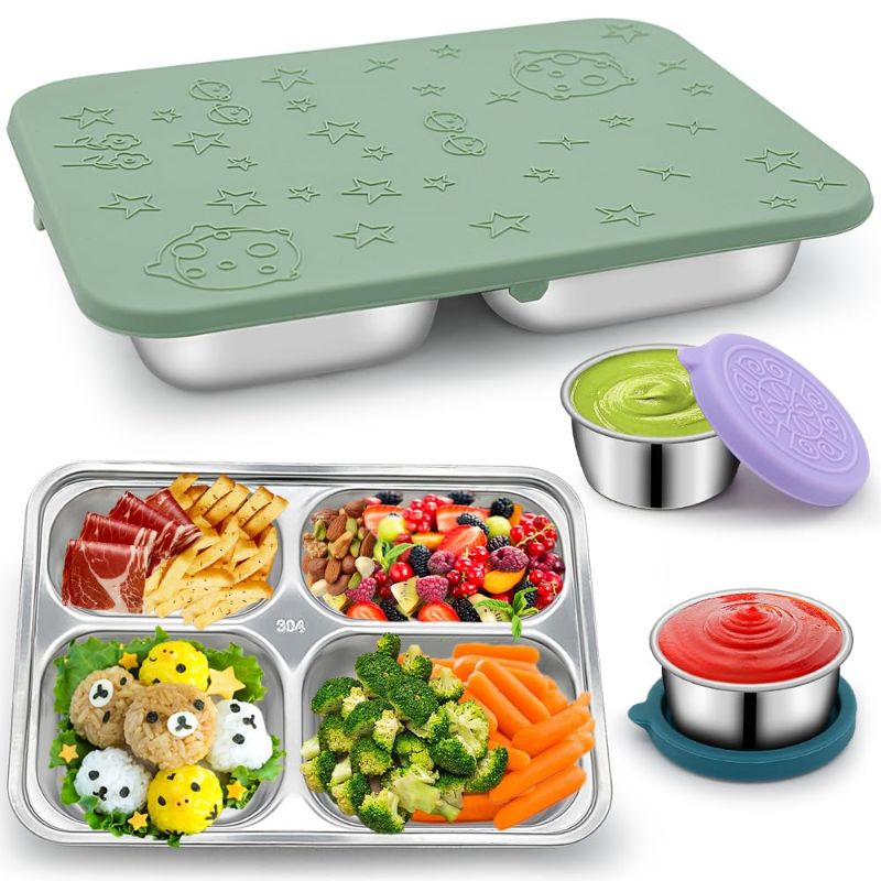Photo 1 of *3 PACK BUNDLE* Bento Lunch Box Stainless Steel Lunch Container Reusable 4 Compartments Metal Lunch Boxes Leakproof Food Meal Prep Lunch Containers for Kids,Bonus 2P Dip Containers,Dishwasher,Freezer Safe, BPA-Free Sage 4 Compartments