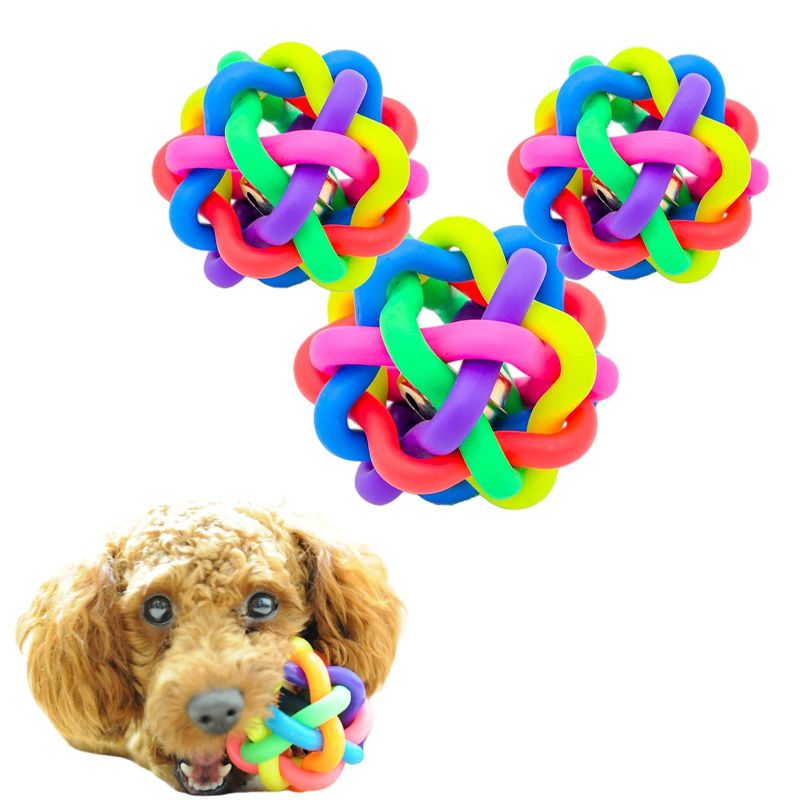 Photo 1 of 15 PACK BUNDLE(45 PIECES TOTAL) ZCTOYO 2 Inch Colorful Rubber Round Ball with Small Bell - Pack of 3 Woven Ball Dog Favorite Raindow Woven Ball Pet Toys (5 cm)