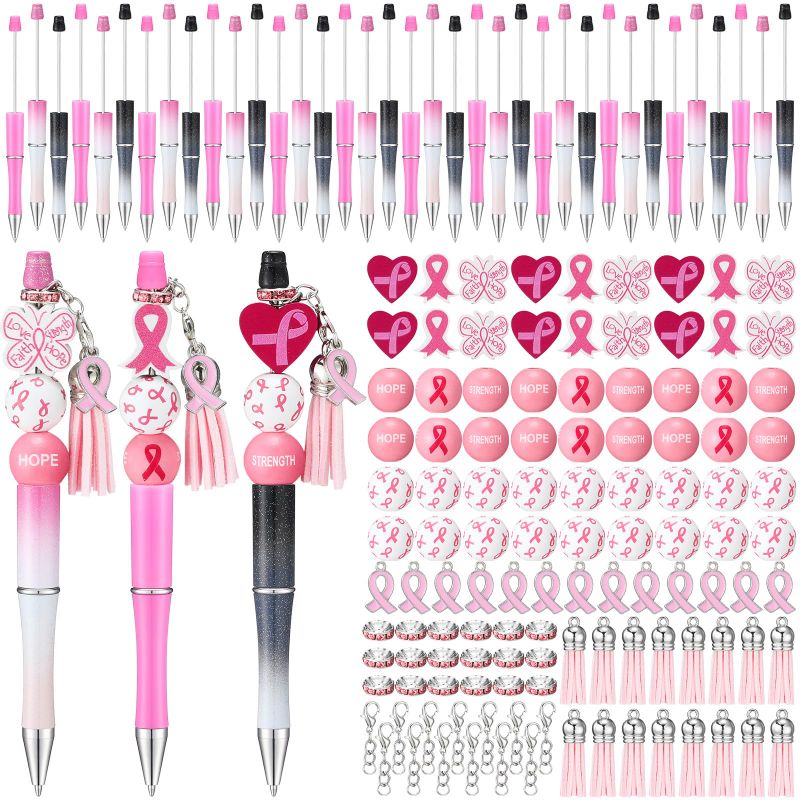 Photo 1 of Colarr 60 Pcs Pink Ribbon Beadable Pen Breast Cancer Awareness Bulk Items Plastic Beadable Pens Breast Cancer Pens DIY Pens Making Kit DIY Beaded Pen for Students Women Girls Office School Supplies Pink Classic