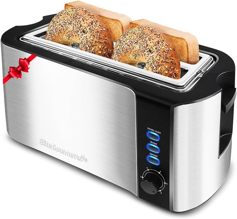 Photo 1 of Elite Gourmet ECT-3100 Long Slot 4 Slice Toaster, Reheat, 6 Toast Settings, Defrost, Cancel Functions, Built-in Warming Rack, Extra Wide Slots for Bagels & Waffles, Stainless Steel & Black
