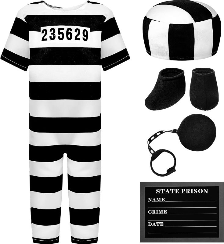 Photo 1 of 4 Pcs Halloween Baby Prisoner Convict Costume with Toy Handcuff 18-24 Month Lovely Child Prisoner Costume Inmate Costume Prison Jumpsuit for Halloween Party
