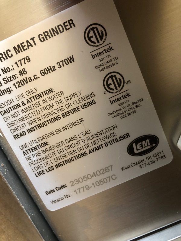 Photo 4 of **ONLY THE GRINDER**  LEM Products 17791 Big Bite #8 .5HP Stainless Steel Electric Meat Grinder & 200 Ground Meat Packaging System #8 (.50 HP) Grinder + Meat Packaging System