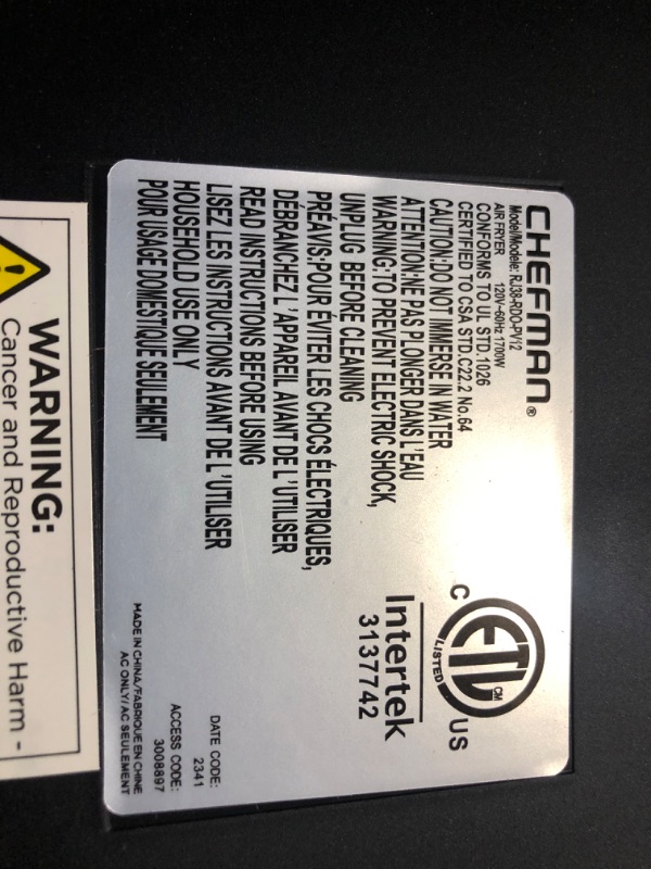 Photo 7 of ***NOT FUNCTIONAL - FOR PARTS - NONREFUNDABLE - SEE COMMENTS***
CHEFMAN ExacTemp™ 12 Quart 5-in-1 Air Fryer with Integrated Smart Cooking Thermometer