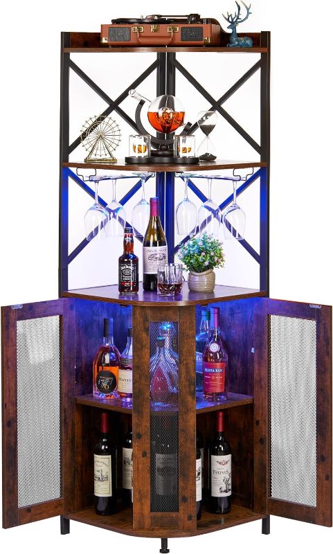 Photo 1 of JKsmart Corner Bar Cabinet with LED Lights, 5-Tier Industrial Wine Cabinet with Glass Holder, Wine Bar Cabinet with Adjustable Shelf, Home Bar for Liquor and Wine Storage, Rustic Brown
