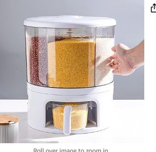 Photo 1 of PIOJNYEN Grain Dispenser, 360° Rotating 6 Grid Food Dispenser, 24lb Rice and Grain Storage Container, One-Click Rice Output, Round Multigrain Tank Cup Grain Storage Tank for Home Kitchen
