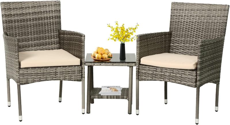 Photo 1 of ***SEE NOTES***3 Piece Outdoor Furniture Set Patio Gray Wicker Chairs Furniture Bistro Conversation Set 2 Rattan Chairs with Khaki Cushions and Glass Coffee Table for Porch Lawn Garden Balcony Backyard