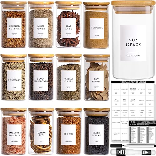 Photo 1 of Laramaid 9oz 12Pack Spice Jars with Minimalist Spice Labels, Round Jars with Bamboo Lids, Premium Labels, Adjustable Measuring Spoon and Black Pen, St
