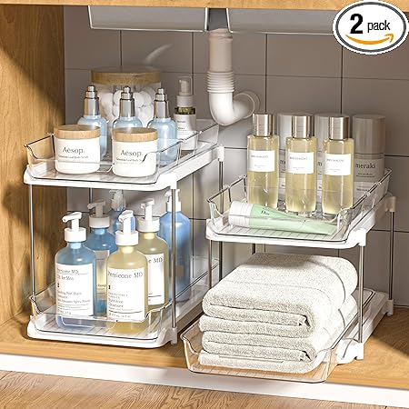 Photo 1 of Delamu 2 Sets of 2-Tier Multi-Purpose Bathroom Under Sink Organizers and Storage, Stackable Kitchen Pantry Organization, Pull Out Medicine Cabinet Organizer with 8 Movable Dividers
