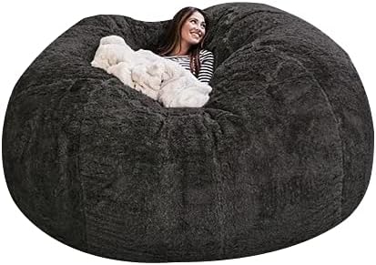 Photo 1 of (SEE NOTES) EKWQ Giant Fur Bean Bag Cover (Cover only, no Filler) Living Room Furniture Big Round Soft and Fluffy Artificial Fur Bean Bag Lazy Sofa Bed Cover (6FT+New Dark Gray)
