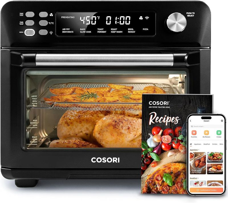 Photo 1 of (VISIBLY USED)  COSORI Toaster Oven Air Fryer Combo, 12-in-1, 26QT Convection Oven Countertop, with Toast, Bake, and Broil, Smart, 6 Slice Toast, 12'' Pizza, 75 Recipes&Accessories, Black
