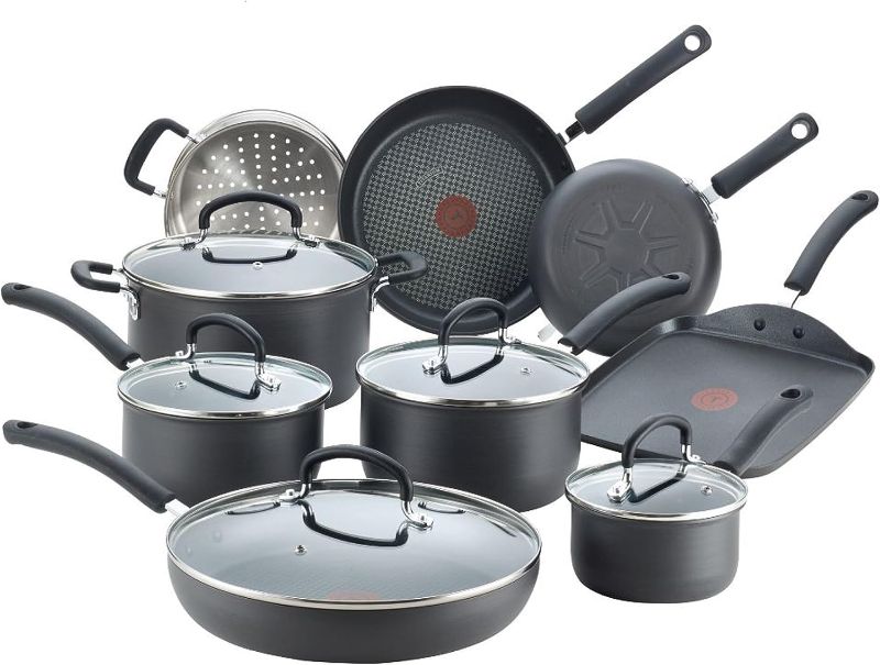 Photo 1 of (USED) T-fal Ultimate Hard Anodized Nonstick Cookware Set 14 Piece Oven Safe 400F, Lid Safe 350F Pots and Pans, Dishwasher Safe Black
