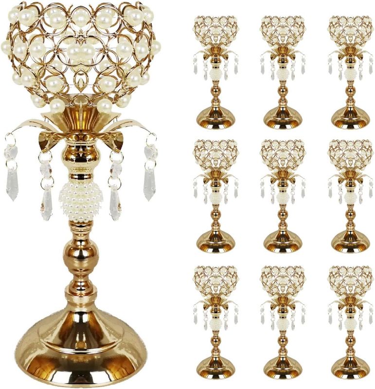 Photo 1 of 10 pcs Gold Candle Holders with Pearl, Wedding Centerpieces for Tables with Chandelier Crystal, Dinning Room Table Centerpiece for Wedding Reception, Party, Event,10pcs,4.52 * 12.2in
