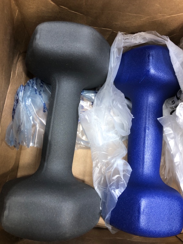 Photo 2 of * SEE PHOTOS MISSING PARTS* Amazon Basics Neoprene Coated Dumbbell Hand Weight Set, 10-Pound, Set of 2, Navy Blue & Vinyl Kettlebell - 15 Pounds, Pink