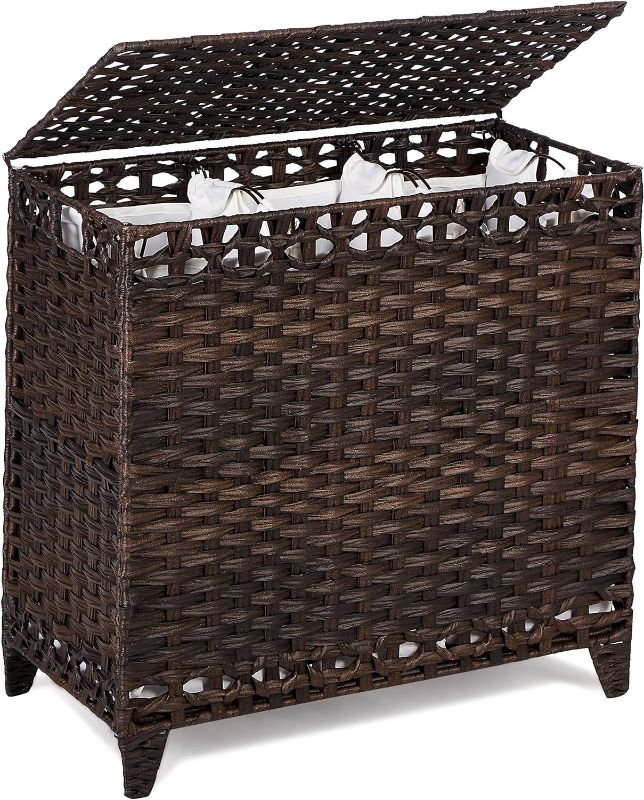 Photo 1 of Laundry Hamper with 3 Removable Liner Bags; 132L Handwoven Rattan Laundry Basket with Lid & Heightened Feet; Clothes Hamper with Side Handles; Laundry Sorter with 3 Separate Sections (Brown)