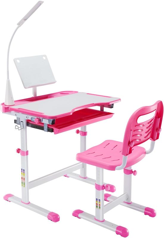 Photo 1 of Diroan Kids Functional Desk and Chair Set, Height Adjustable Children School Study Desk with Tilt Desktop, Book Stand, LED Light, Metal Hook and Storage Drawer for Boys Girls(Pink)
