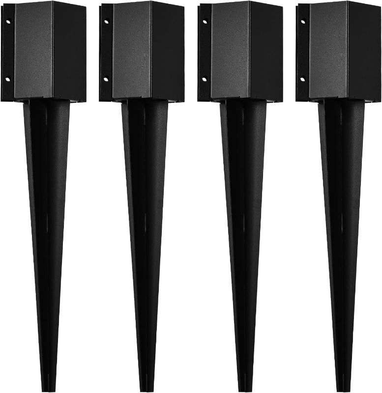 Photo 1 of 36 inch Fence Post Anchor Ground Spike, LAVANE Set of 4 Heavy Duty Metal Black Powder Coated Post Stake Support Base - Outer Dimension: 4"x4" (Fit 3.5"x3.5" Mailbox or Fence Post)