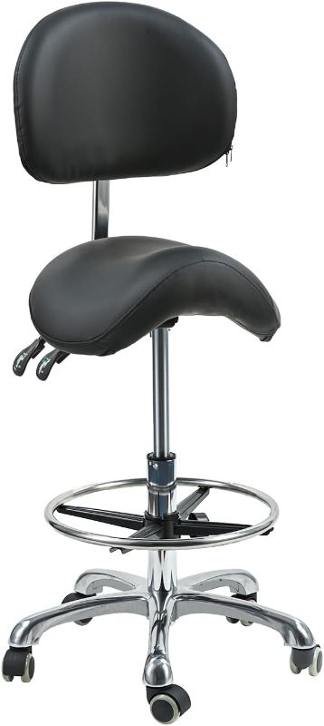 Photo 1 of  Saddle Stool Chair with Back Support Ergonomic Swivel Rollig Stool with Wheels Foot Ring for Dental Hygienist Eyelash Technician Hairstylist Salon Office Home Black
