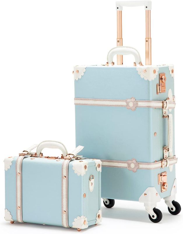 Photo 1 of COTRUNKAGE Vintage Designer Luggage Set, Women's Cute Blue Carry On Luggage 22x13x7.5 Airline Approved, 13" Mini Makeup Organizer Case with Lock, Sky Blue