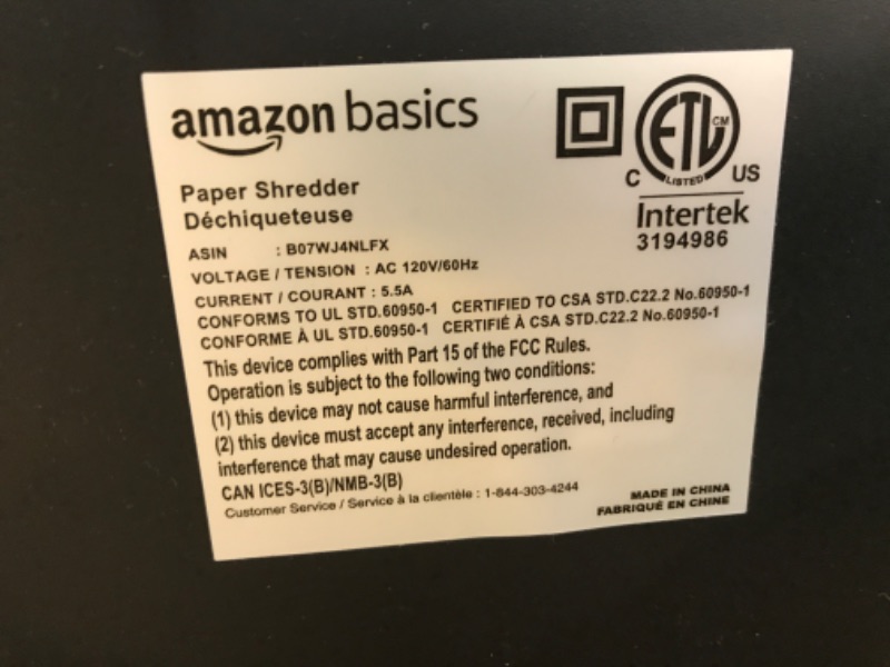 Photo 2 of PARTS ** Amazon Basics 24-Sheet Cross-Cut Paper, CD and Credit Card Home Office Shredder with Pullout Basket 24 Sheet Shredder