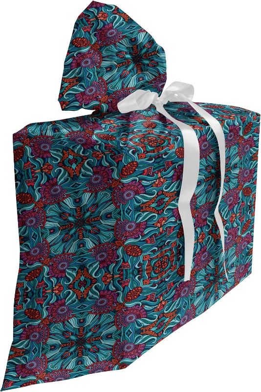 Photo 1 of Ambesonne Ethnic Fabric Gift Bag, Abstract Ornamental Swirls and Curves Pattern with Foliage Leaves and Flowers Desgin, Present Sack for Parties Birthdays with 3 Ribbons, 27, Multicolor
