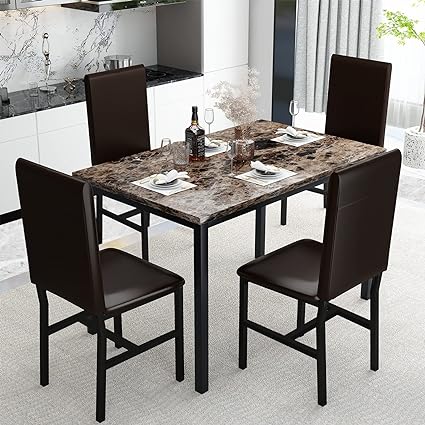 Photo 1 of  Dining Table Set for 4, 5 Piece Kitchen Table Se 4 Faux Leather Chairs, marble 