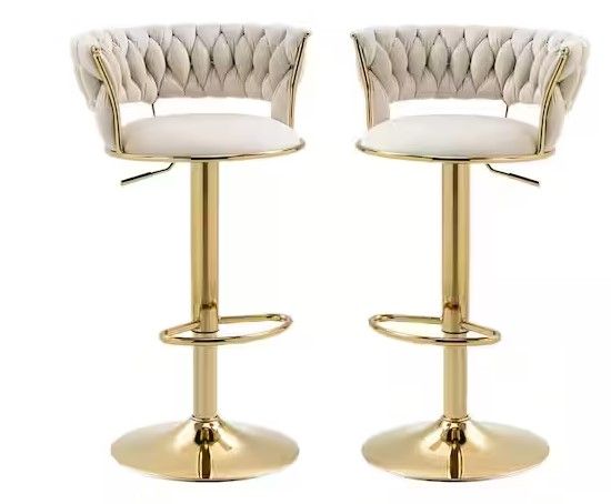 Photo 1 of 37 in. Swivel Adjustable Height Golden Metal Frame Cushioned Bar Stool with Ivory Velvet Seat (Set of 2)
