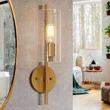 Photo 1 of 17 in H. Modern Cylinder Powder Room Wall Sconce 1-Light Large Brass Gold Bathroom Single Light with Seeded Glass Shade
