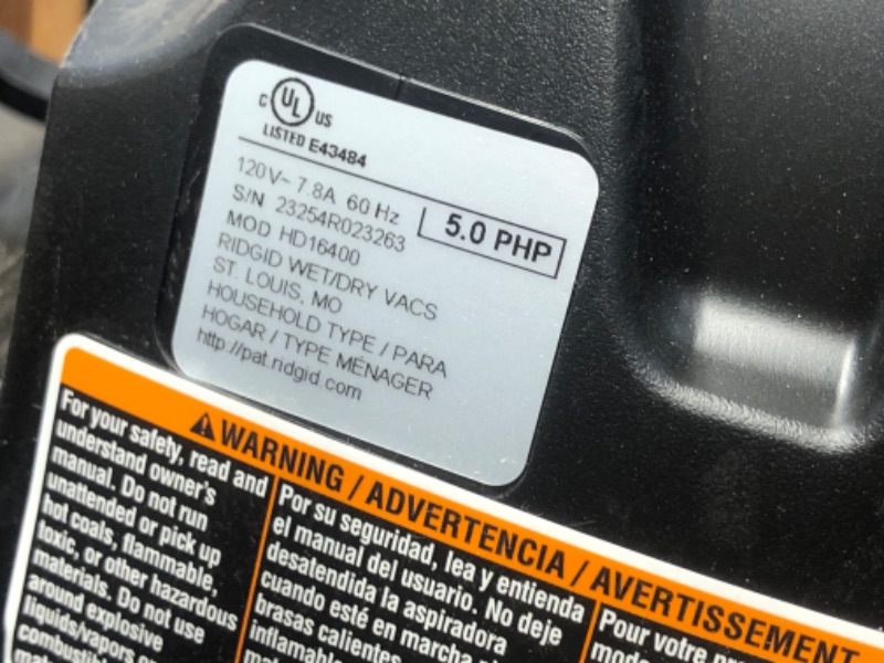 Photo 3 of 16 Gallon 5.0 Peak HP NXT Wet/Dry Shop Vacuum with Filter, Locking Hose and Accessories