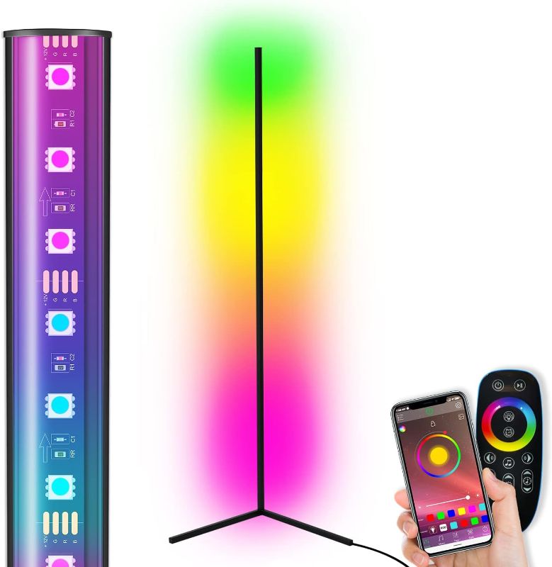 Photo 1 of TACAHE Smart Corner Floor Lamp - Advanced Version, APP & Remote Control - Multi Lamp Pattern Sync - Transparent Lampshade with Ultra Brightness, Mood Light for Studio, Gaming Setup - 20W, Black
