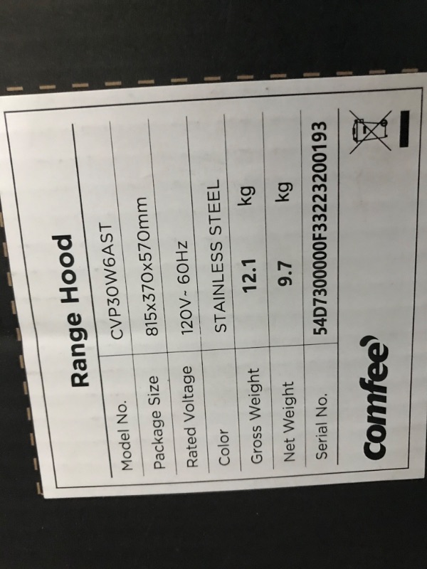 Photo 2 of *** PARTS ONLY****Comfee CVP30W6AST Ducted Pyramid Range 450 CFM Stainless Steel Wall Mount Vent Hood with 3 Speed Exhaust Fan, 30 inches & CVG30W8AST 30 Inches Ducted Wall Mount Vent Range Hood