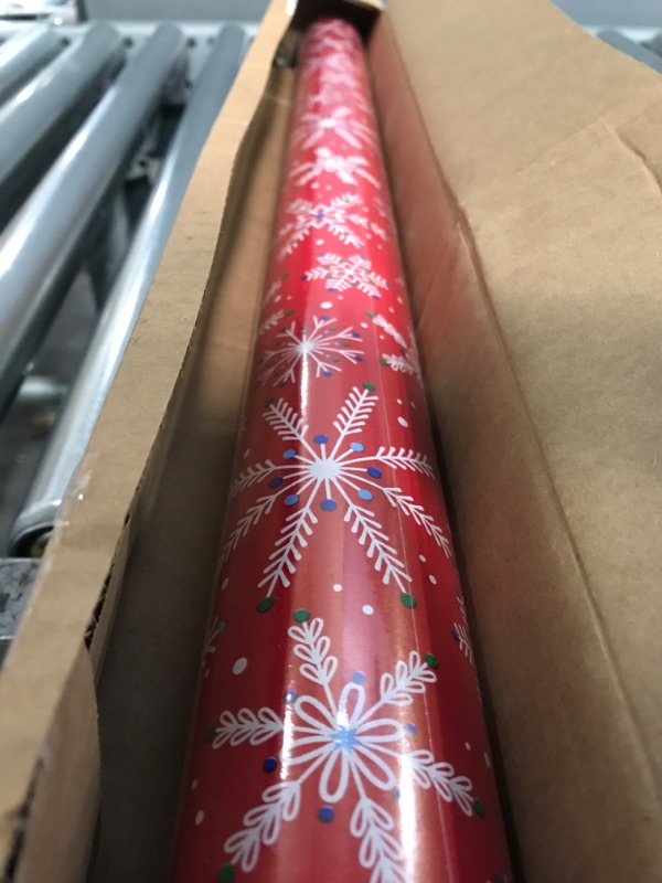 Photo 2 of American Greetings 175 sq. ft. Red Christmas Wrapping Paper, Candy Cane Stripes and Snowflakes (1 Jumbo Roll 30 in. X 70 ft.) Reversible Red and White Design