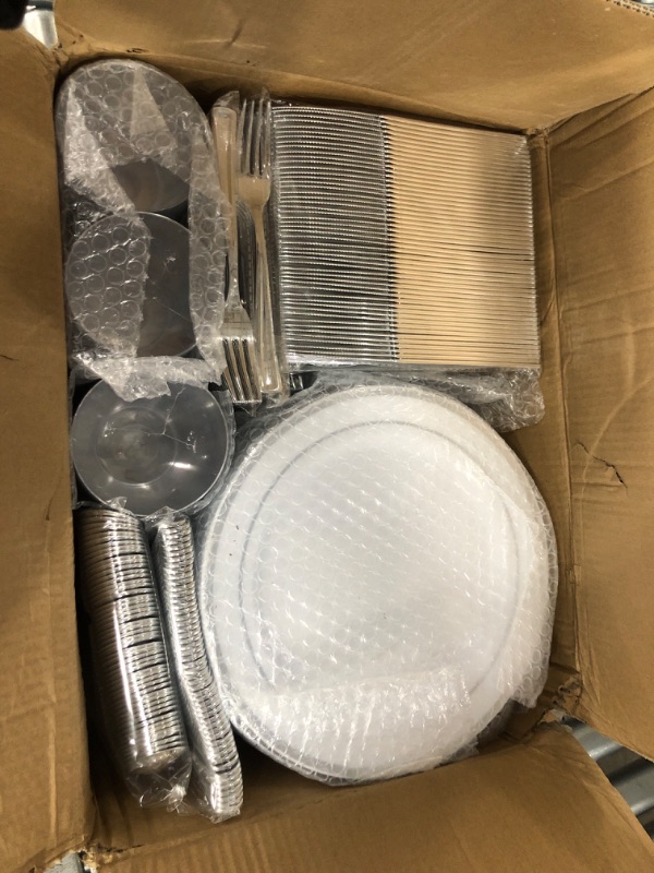 Photo 2 of 600 Piece Disposable Silver Plates for 100 Guests, Plastic Dinnerware Set of 100 Dinner Plates, 100 Salad Plates, 100 Spoons, 100 Forks, 100 Knives, 100 Cups, Plastic Plates for Party, Weeding 100 Guests Silver